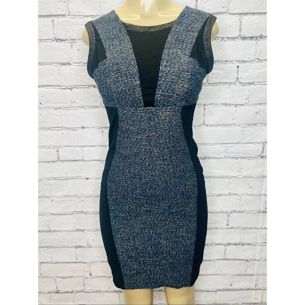 Yoana Baraschi Womens Blue Black Sleeveless Metallic Tweed  Sheath Dress Size 4